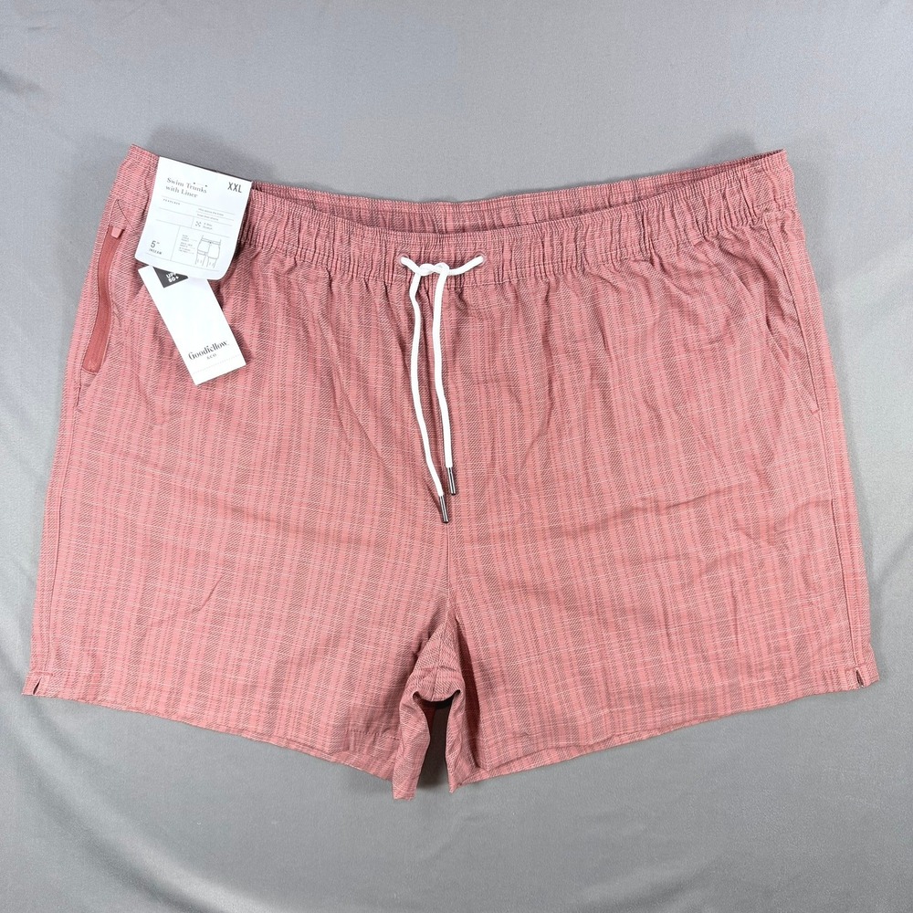 Goodfellow Mens XXL Red Twill Stripe Recycled Polyester 5" Swim Trunks UPF 50+